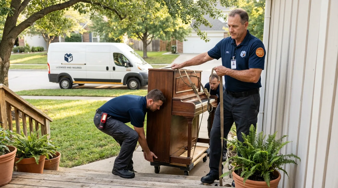 Licensed piano movers securing grand piano in Montour Falls, NY