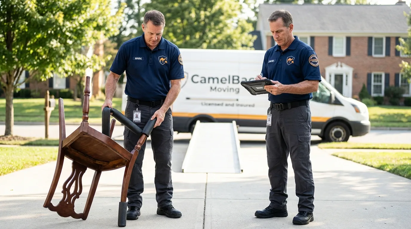 Movers inspecting furniture for damage prevention before loading in Montour Falls, NY
