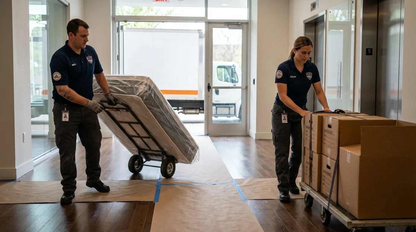 Professional apartment movers loading elevator in Montour Falls, NY