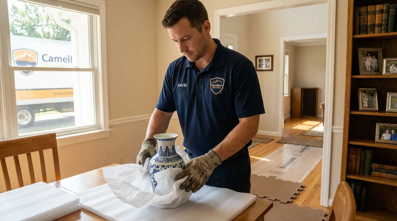 Professional crew carefully wrapping antique vase for senior downsizing move in Montour Falls, NY